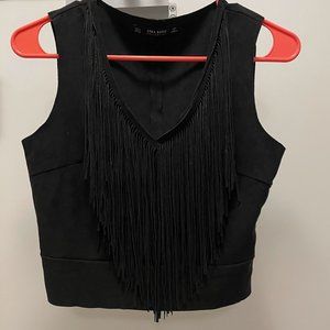 Zara Woman Black Cropped Suede Top, Western Style Sleeveless, size small